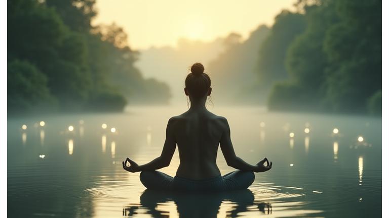 Γυναίκα κάνει διαλογισμό σε γαλήνιο τοπίο με αχνά φώτα αστεριών