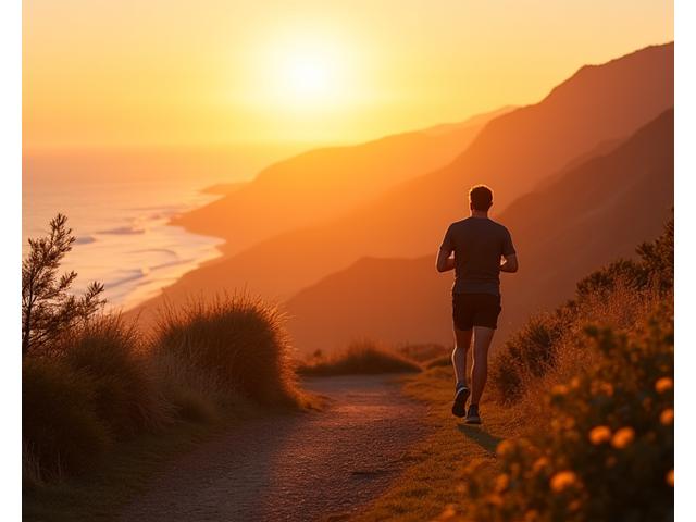 Άνδρας τρέχει σε μονοπάτι βουνού με το ηλιοβασίλεμα