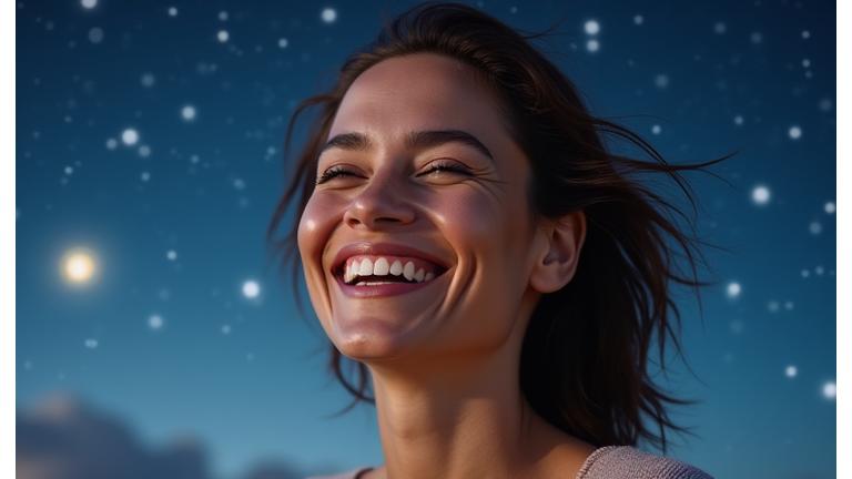 Μια γυναίκα με χαμόγελο που μοιράζεται την πρόοδο της στην ευεξία, με φόντο έναν καθαρό ουρανό με αστέρια.