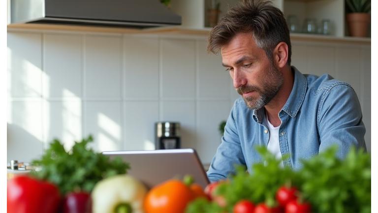 Ένας άντρας που συζητάει σε φόρουμ για υγιεινή διατροφή, με φόντο συστατικά από λαχανικά και φρούτα.