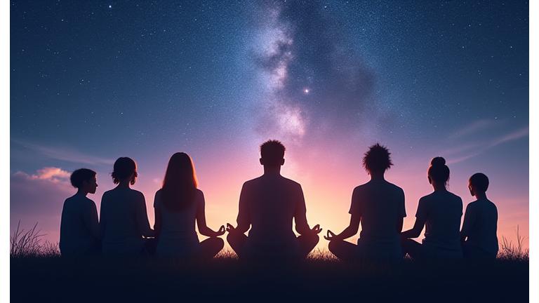 Μια ομάδα ανθρώπων που κάνει διαλογισμό κάτω από έναστρο ουρανό, απεικονίζοντας γαλήνη.