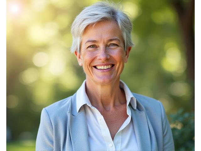 Γυναίκα μέσης ηλικίας χαμογελάει, δείχνοντας υγεία και ευτυχία μετά την μεταμόρφωσή της.