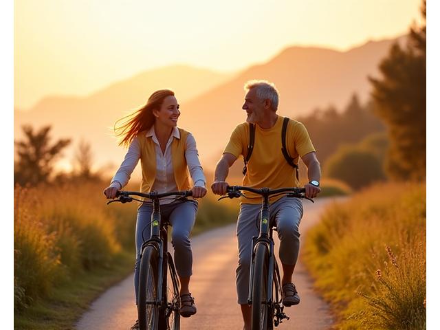 Ζευγάρι μεγαλύτερης ηλικίας απολαμβάνει μια ενεργή ζωή, κάνει ποδήλατο σε εξωτερικό χώρο, δείχνοντας συνεργασία και ευτυχία.