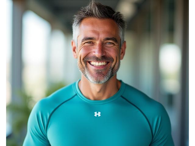 Άντρας χαμογελάει μετά από επιτυχή απώλεια βάρους, δείχνοντας αυτοπεποίθηση και αναζωογόνηση.