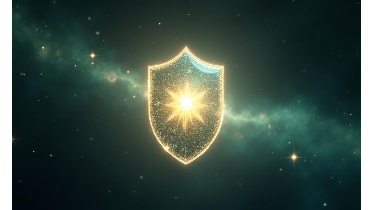 Συμβολική εικόνα ασφάλειας δεδομένων με αστέρα και προστατευτική ασπίδα, σε φόντο γαλαξία.