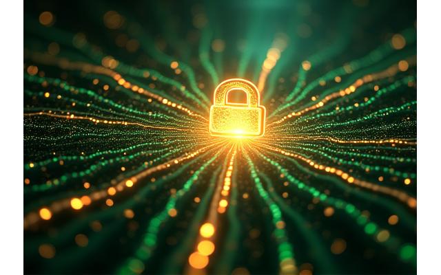 Ασφαλέστερο κλείδωμα σε οθόνη με αστρικό φόντο, σύμβολο κρυπτογράφησης και ασφάλειας δεδομένων.