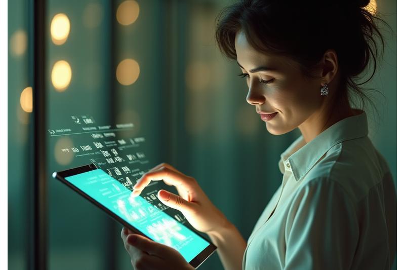 Γυναίκα που χρησιμοποιεί tablet με ασφαλές περιβάλλον. Απεικόνιση δικαιωμάτων χρήστη στο GDPR.