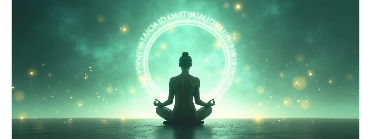 Celestially inspired figure meditating with a subtle digital overlay, representing integrated wellness and technology.