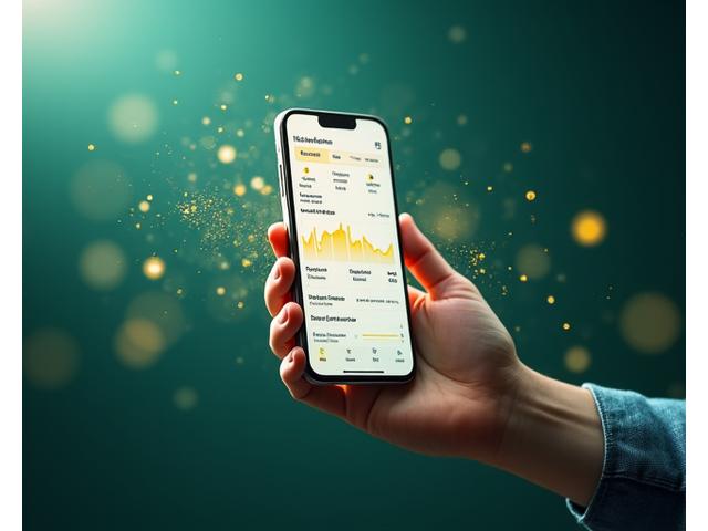 A sleek smartphone displaying the 'Αστρική Ευεξία' mobile app interface, showing a personalized wellness dashboard with charts and daily recommendations, glowing with cosmic data trails.