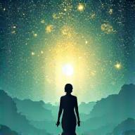 Illustration of a human silhouette reaching upwards towards swirling nebulae and stars, symbolizing spiritual connection and growth.