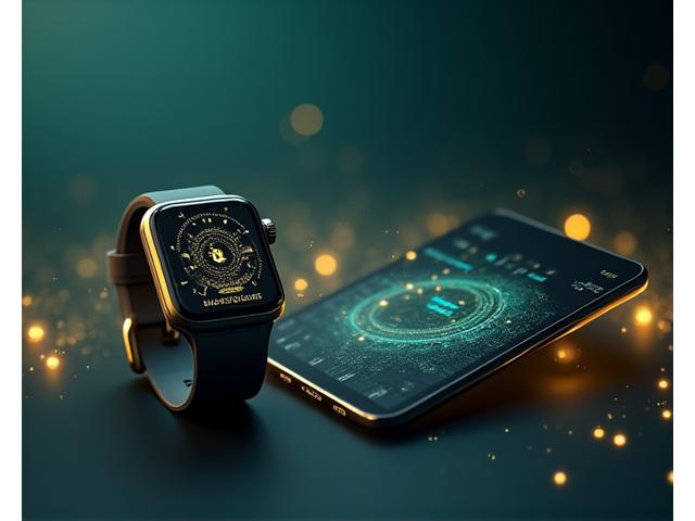 An elegant smartwatch connected to a tablet, both displaying biometric data and wellness metrics, with ethereal, glowing lines connecting them to a celestial background.