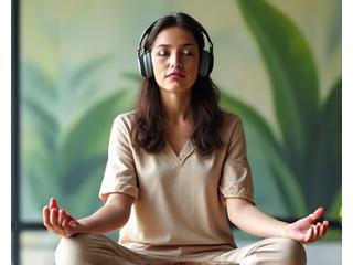 Γυναίκα διαλογίζεται με ακουστικά