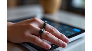 Άτομο που φοράει ένα κομψό smart ring στον δείκτη