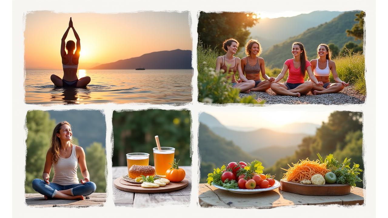 Συλλογή φωτογραφιών που δείχνουν χαρούμενους συμμετέχοντες σε διάφορες δραστηριότητες wellness retreat, όπως γιόγκα, διαλογισμός και πεζοπορία, σε διαφορετικά γραφικά ελληνικά τοπία.