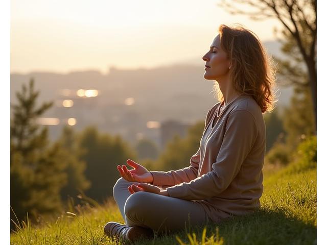 Μια γυναίκα κάνει αναπνευστικές ασκήσεις σε έναν ήρεμο κήπο, με τη Θεσσαλονίκη στο βάθος.