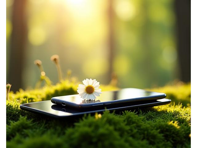 Ένα smartphone και ένα tablet πεταμένα σε ένα καταπράσινο λιβάδι, συμβολίζοντας την ψηφιακή αποτοξίνωση.