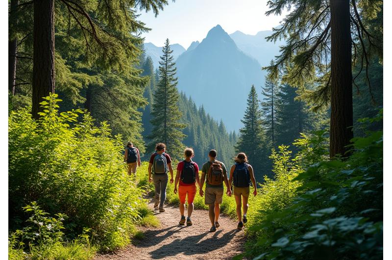 Μια ομάδα ατόμων που κάνουν πεζοπορία σε ένα δασικό μονοπάτι κοντά στον Όλυμπο, με καταπράσινα δέντρα και ορεινή θέα.
