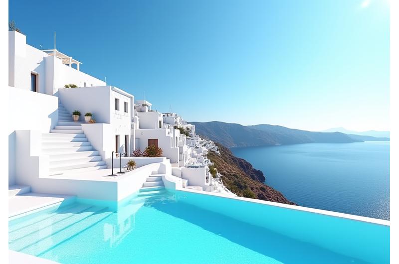 Φωτογραφία ενός πολυτελούς θέρετρου στη Σαντορίνη με λευκά κτίρια και πισίνα υπερχείλισης με θέα στη θάλασσα.