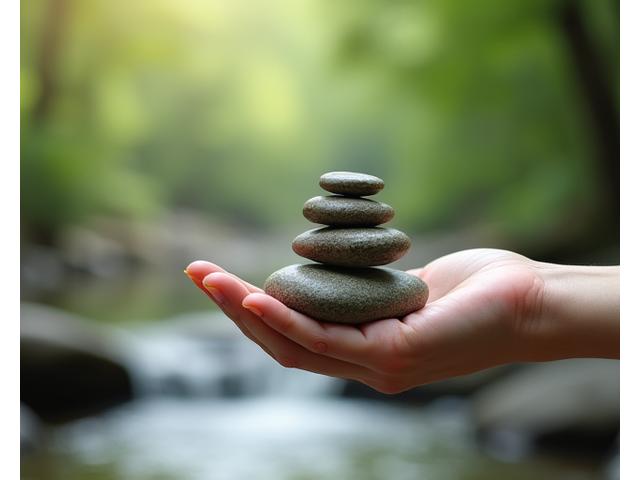 Ένα χέρι που κρατά απαλά μια μικρή πέτρα σε ένα ήρεμο περιβάλλον, με απαλό φως.