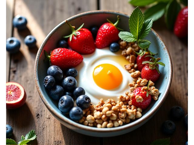 Ένα μπολ με πολύχρωμα υγιεινά φρούτα και λαχανικά σε ένα τραπέζι, με φως που πέφτει από πάνω.