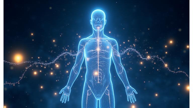 Holographic προβολή ενός ανθρώπινου σώματος με δεδομένα υγείας να αναλύονται από ένα AI interface, με φόντο έναν αστρικό γαλαξία.