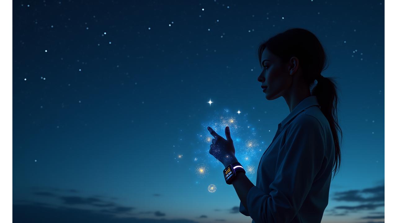 Μια γυναικεία φιγούρα που φοράει ένα smart gadget στον καρπό της, ενώ κοιτάζει ένα λαμπερό, αστρικό ουρανό. Δίπλα της, διακριτικά, αιωρούνται holographic interface με δεδομένα υγείας.