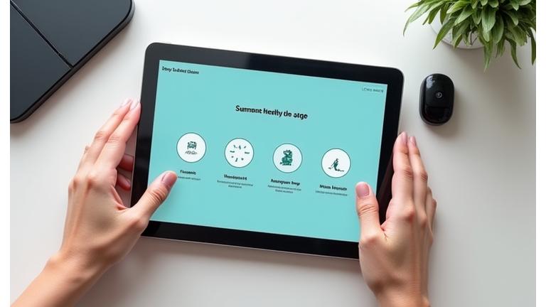 Μια οθόνη tablet που δείχνει έναν οδηγό ρύθμισης εφαρμογής υγείας με εικονίδια σύνδεσης συσκευών, μπροστά από ένα θολό φόντο με smart home gadgets.