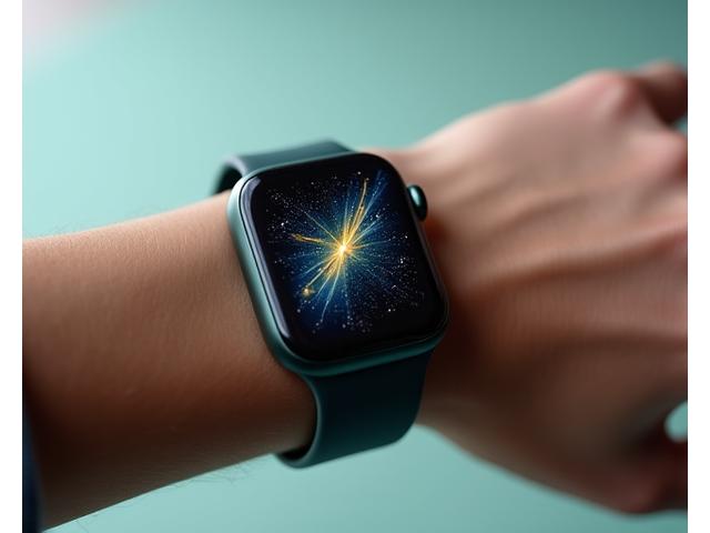 Ένα κομψό smartwatch στον καρπό, που δείχνει δεδομένα καρδιακού ρυθμού και έναν αστρικό χάρτη.