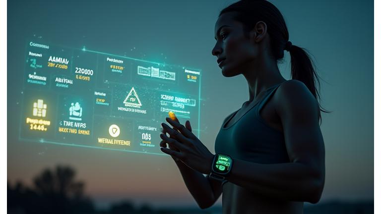 Ένας αθλητής με ένα fitness tracker στον καρπό του, με οπτικοποιημένα δεδομένα καρδιακού ρυθμού και GPS σε ένα holographic interface, μπροστά από ένα διάγραμμα ακριβείας.